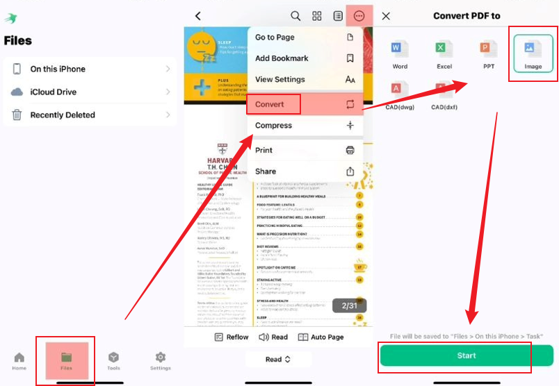 Go to the Files tab to choose the target PDF file and click the Convert option in SwifDoo PDF for Android