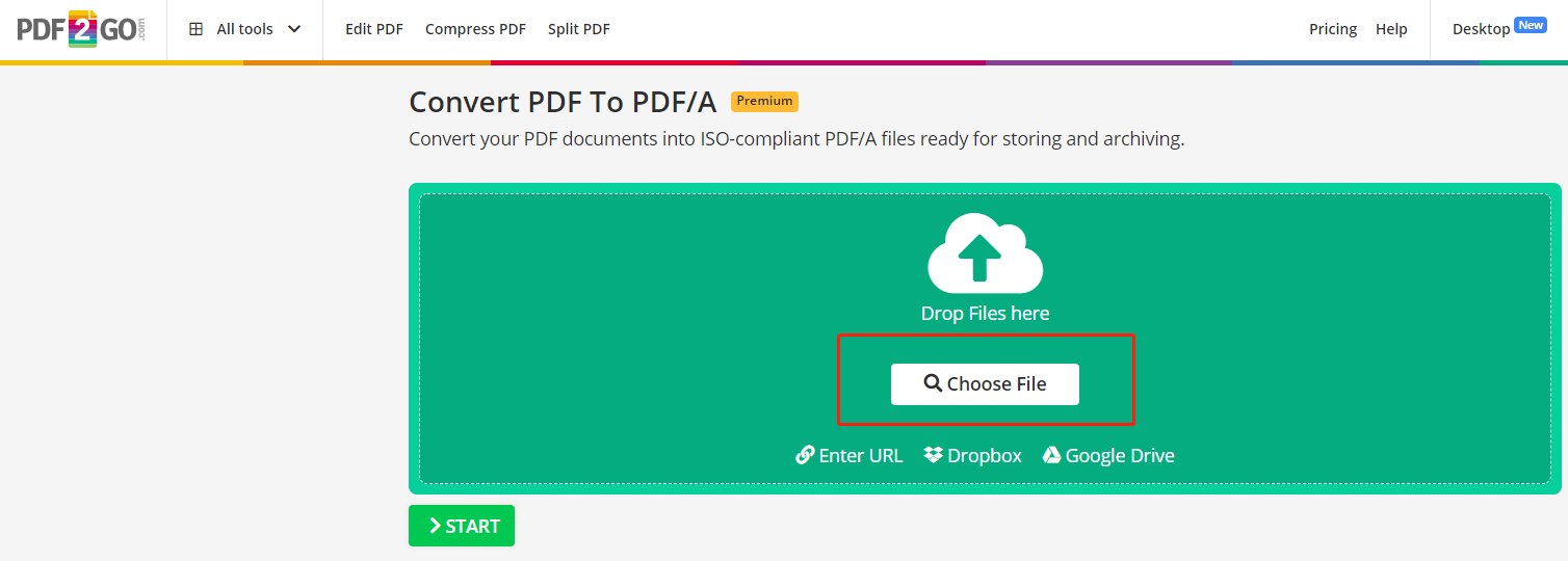 Convert PDF to PDFA with PDF2Go online step 2