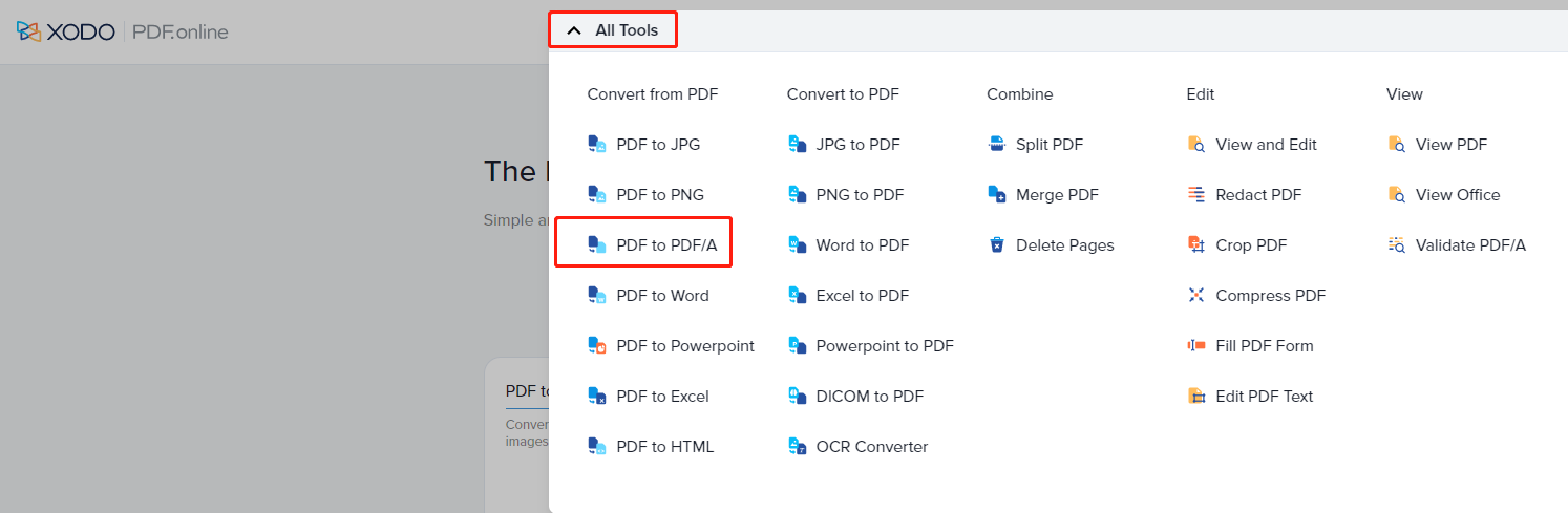 Convert PDF to PDFA with Xodo online step 1