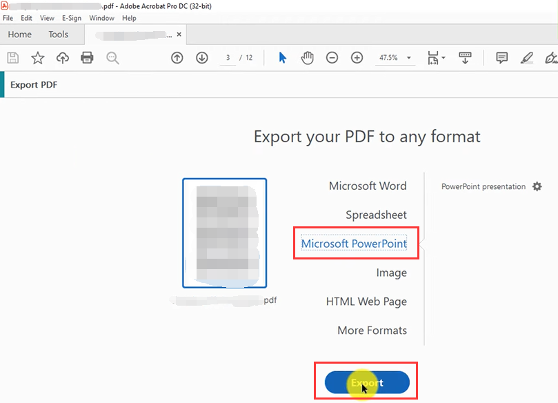 Convert PDF to PowerPoint with Adobe Acrobat Pro DC step 3