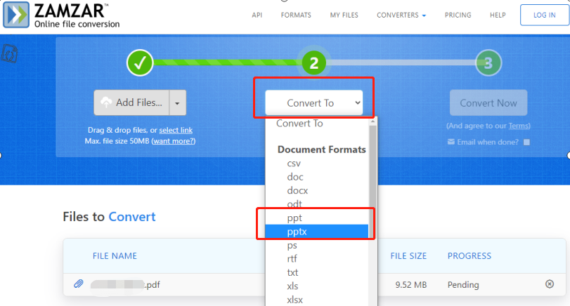 Convert PDF to PowerPoint with Zamzar online step 2