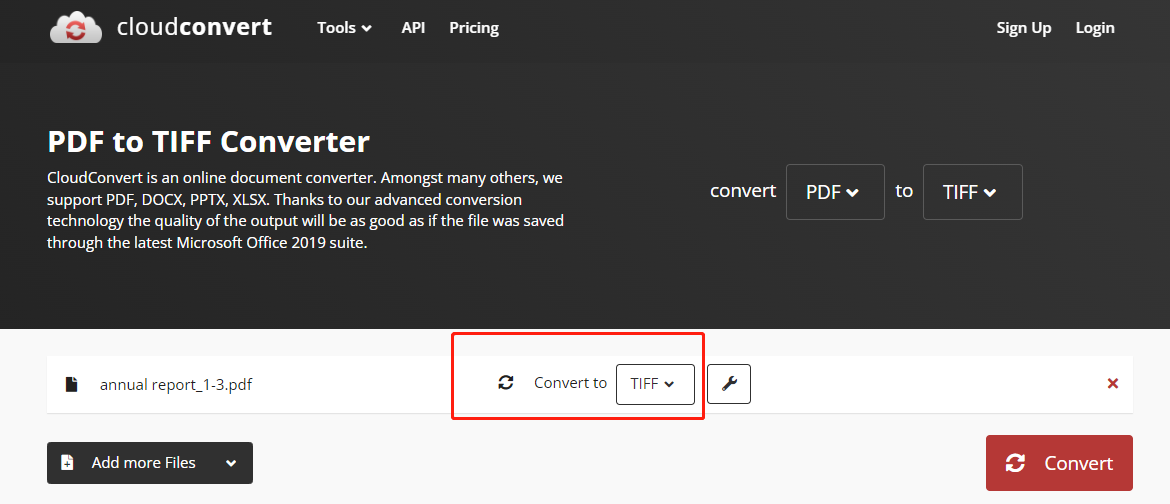 Convert PDF to TIFF online with CloudConvert step 2