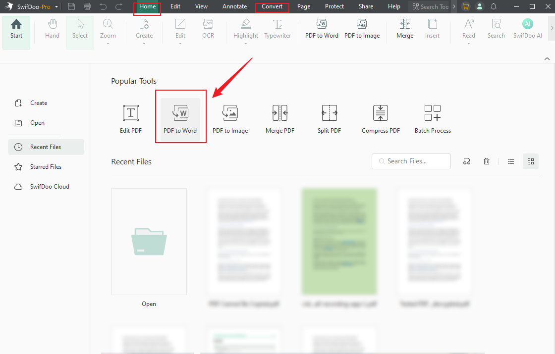 select the PDF to Word option in SwifDoo PDF