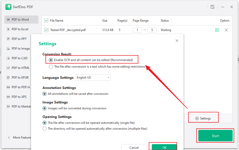 Click the Settings icon to enable the OCR option and click Start in SwifDoo PDF
