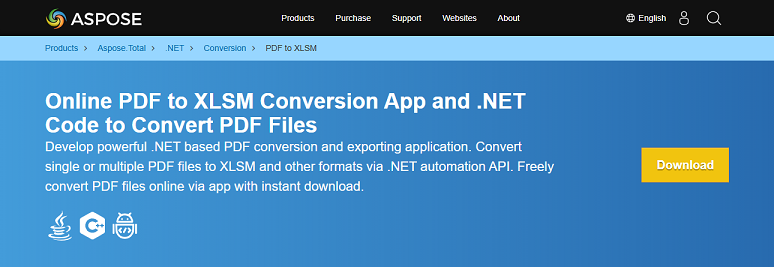 Main interface of Aspose online PDF to XLSM
