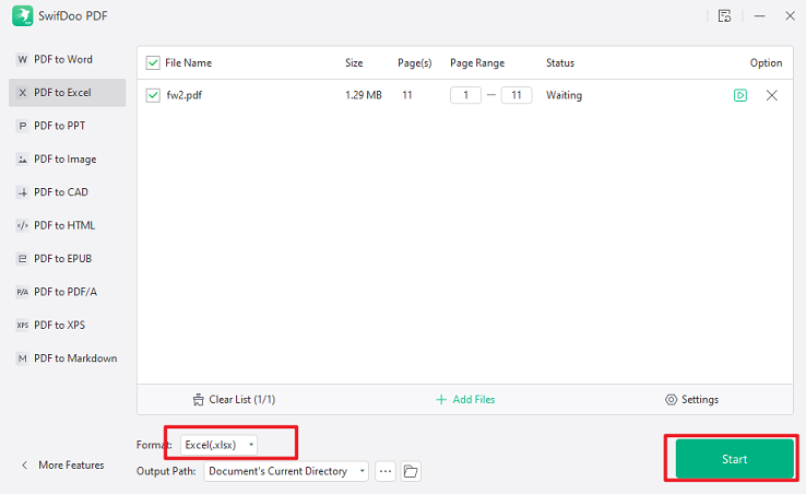 Set Excel(.xlsx) as the output format and click Start in SwifDoo PDF
