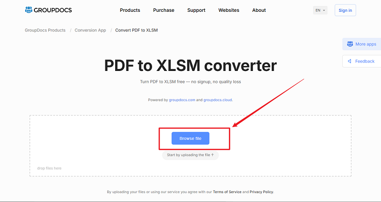Click Browse file to upload the target PDF file in GroupDocs