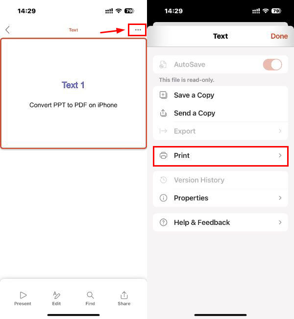 Convert PPT to PDF on iPhone via PowerPoint