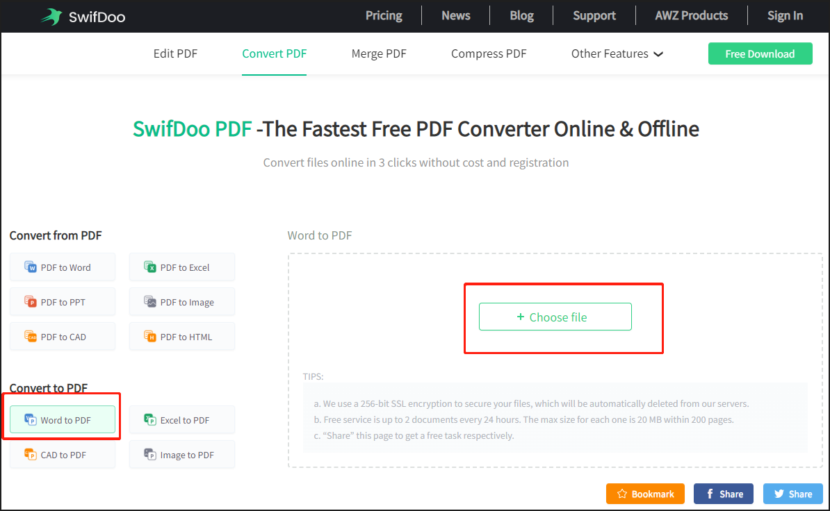 SwifDoo PDF Online Tool convert Word to JPG step 1