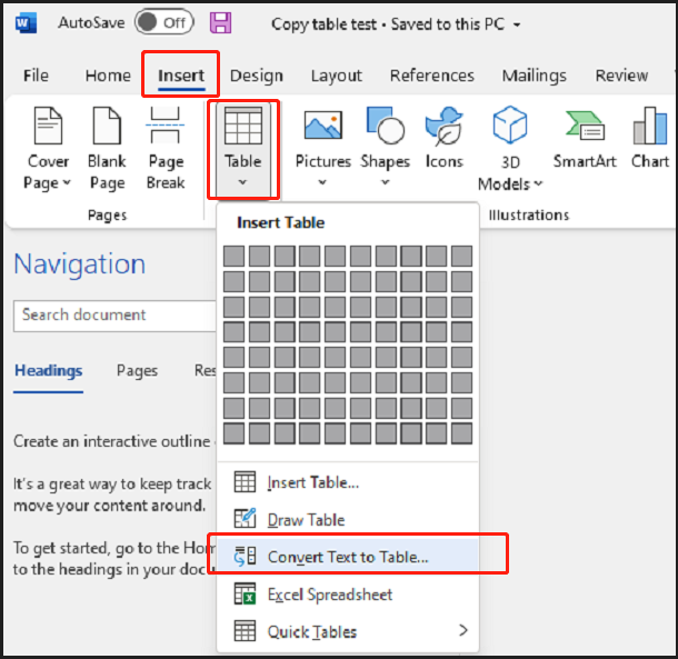 Copy table from PDF to Excel by copying table to Word step 3