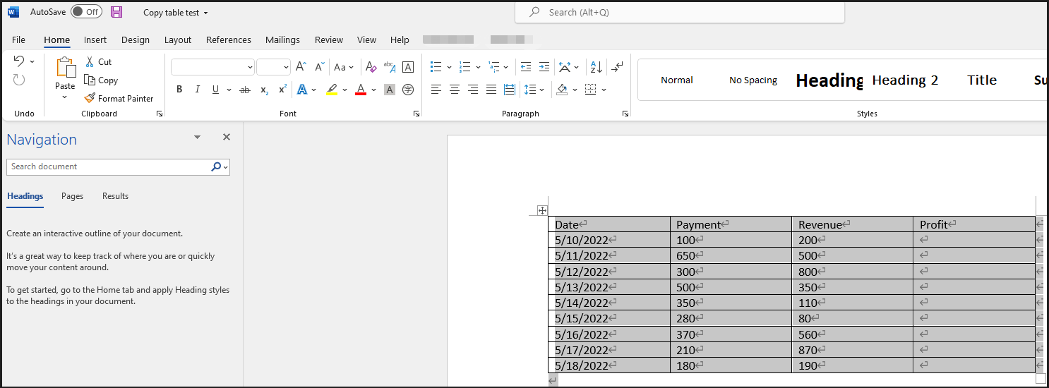 Copy table from PDF to Excel by copying table to Word step 5