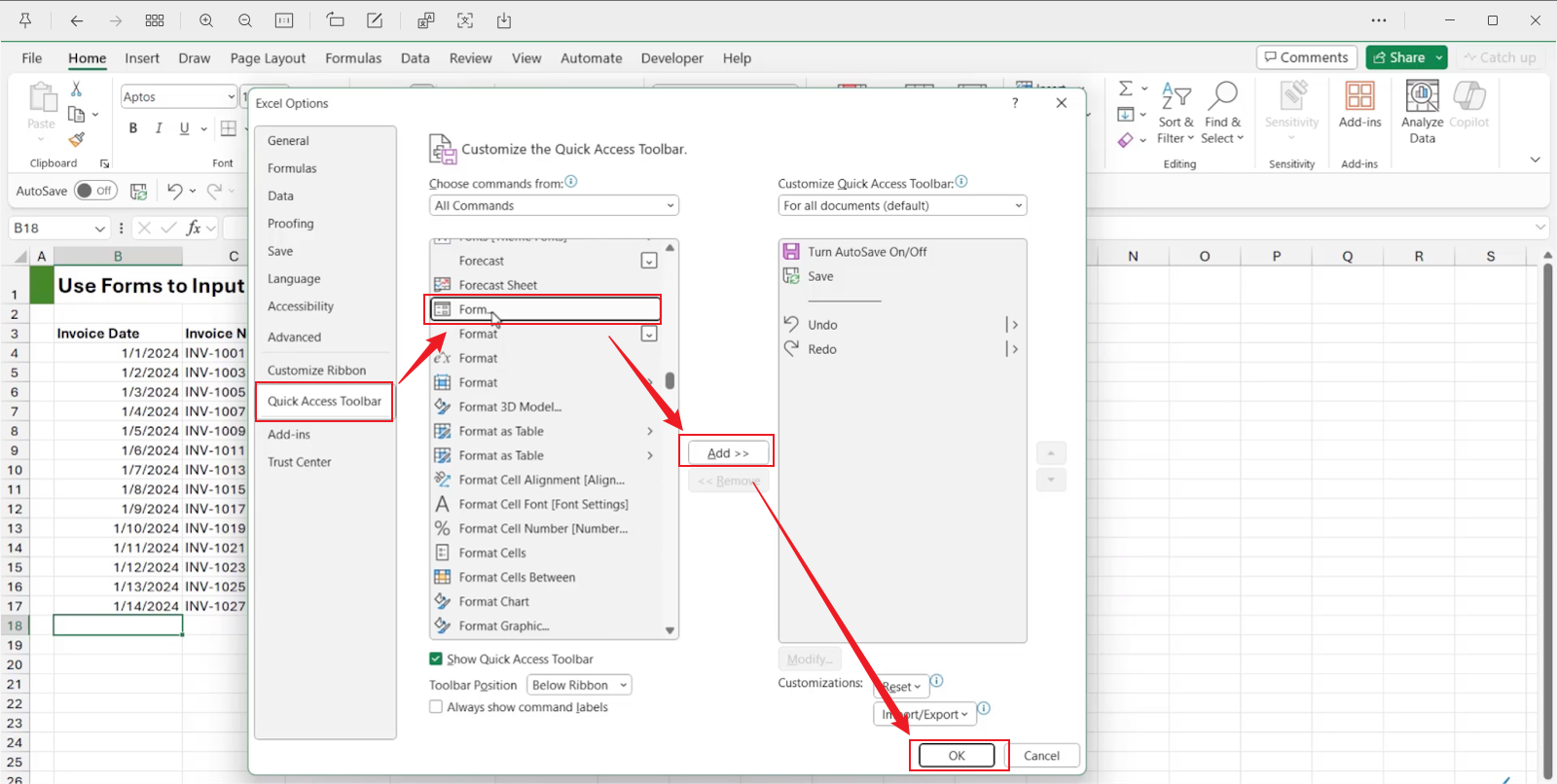 Go to Quick Access Toolbar to add the Form button in Microsoft Excel