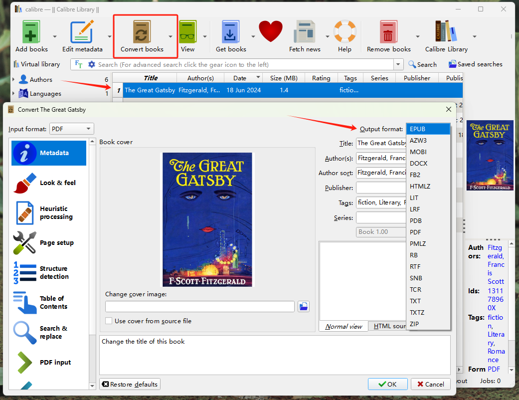 Create Ebook from PDF in Calibre