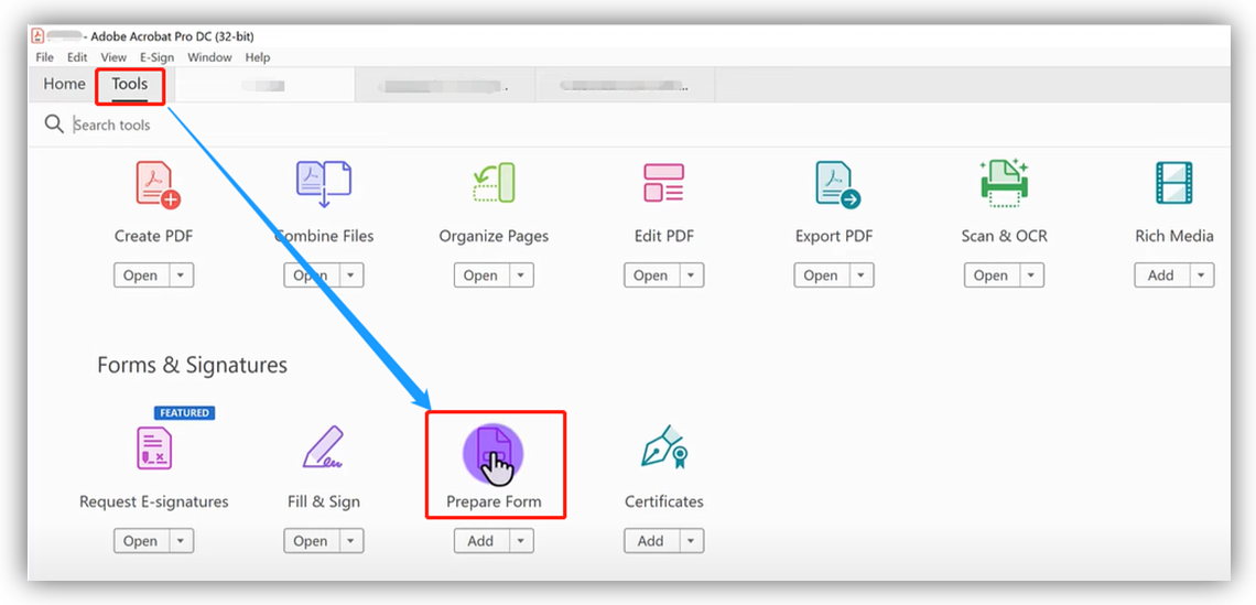 Click the Prepare Form option in Adobe Acrobat
