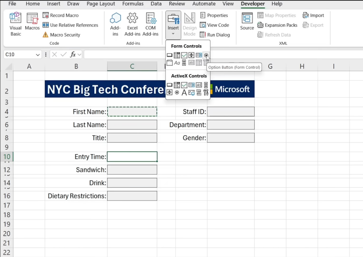 Insert other interactive elements into the form in Microsoft Excel.