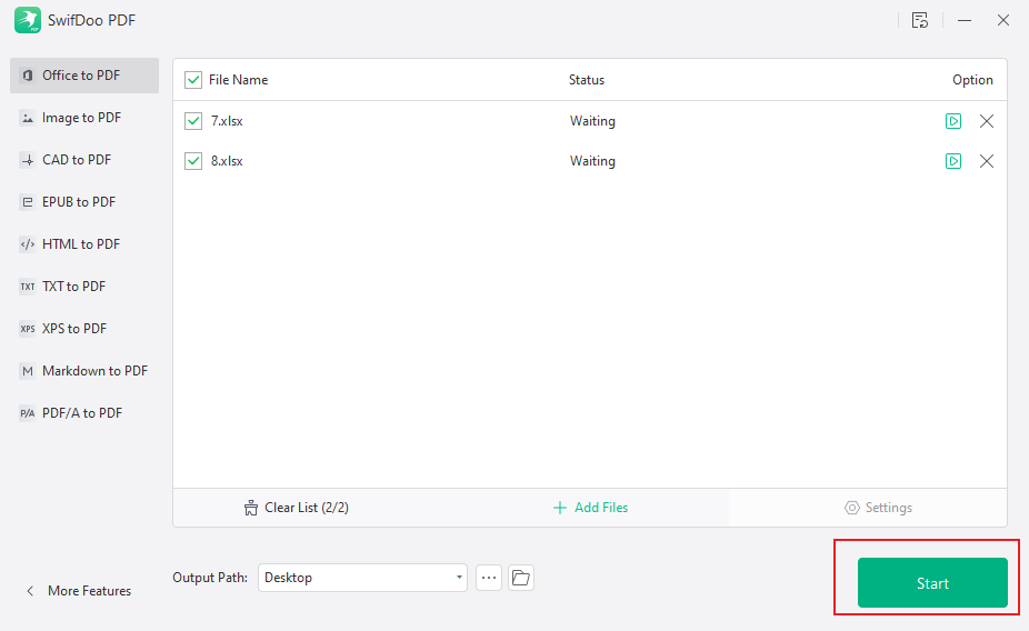 Click Add Files to import your Excel files into SwifDoo PDF