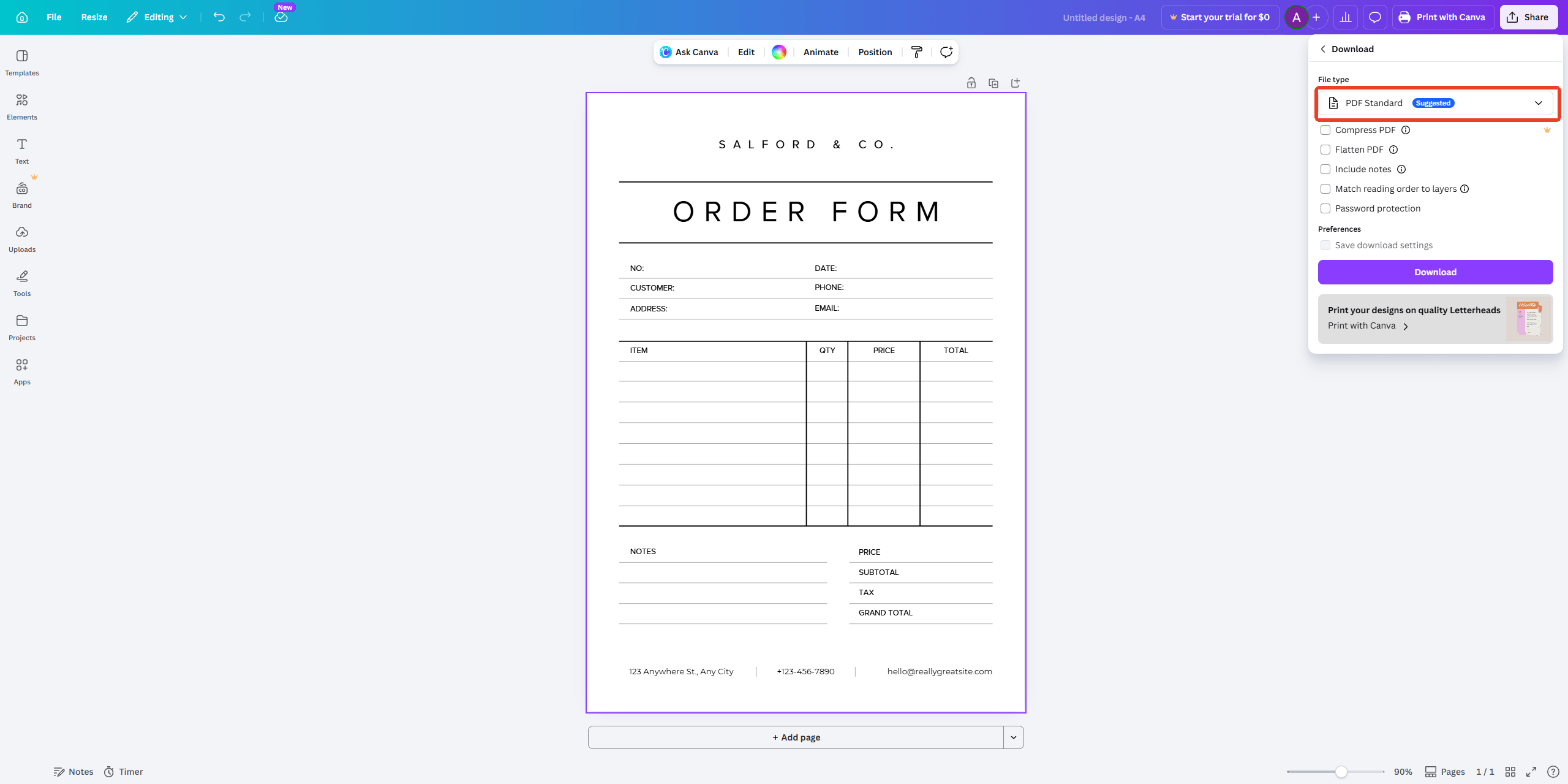 the File type as PDF Standard