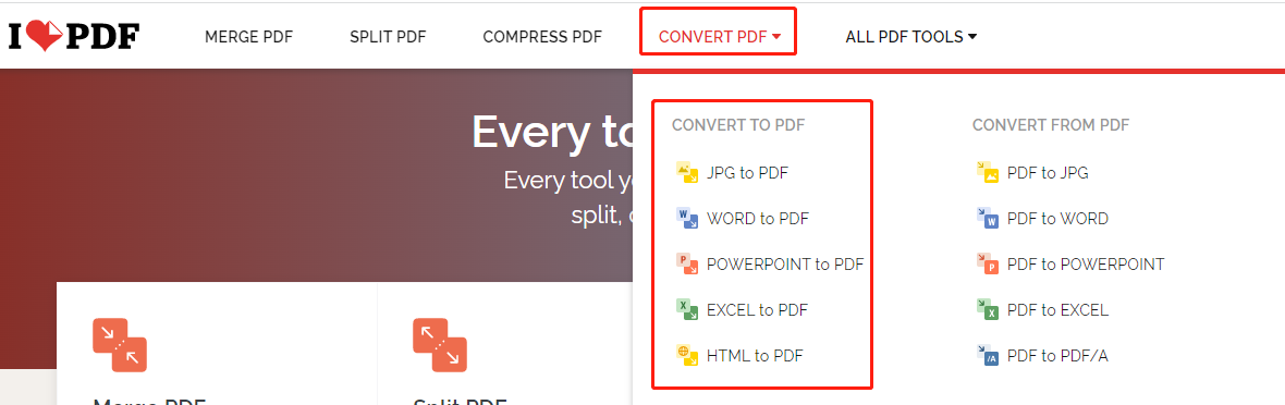 Create PDF online with iLovePDF step 1