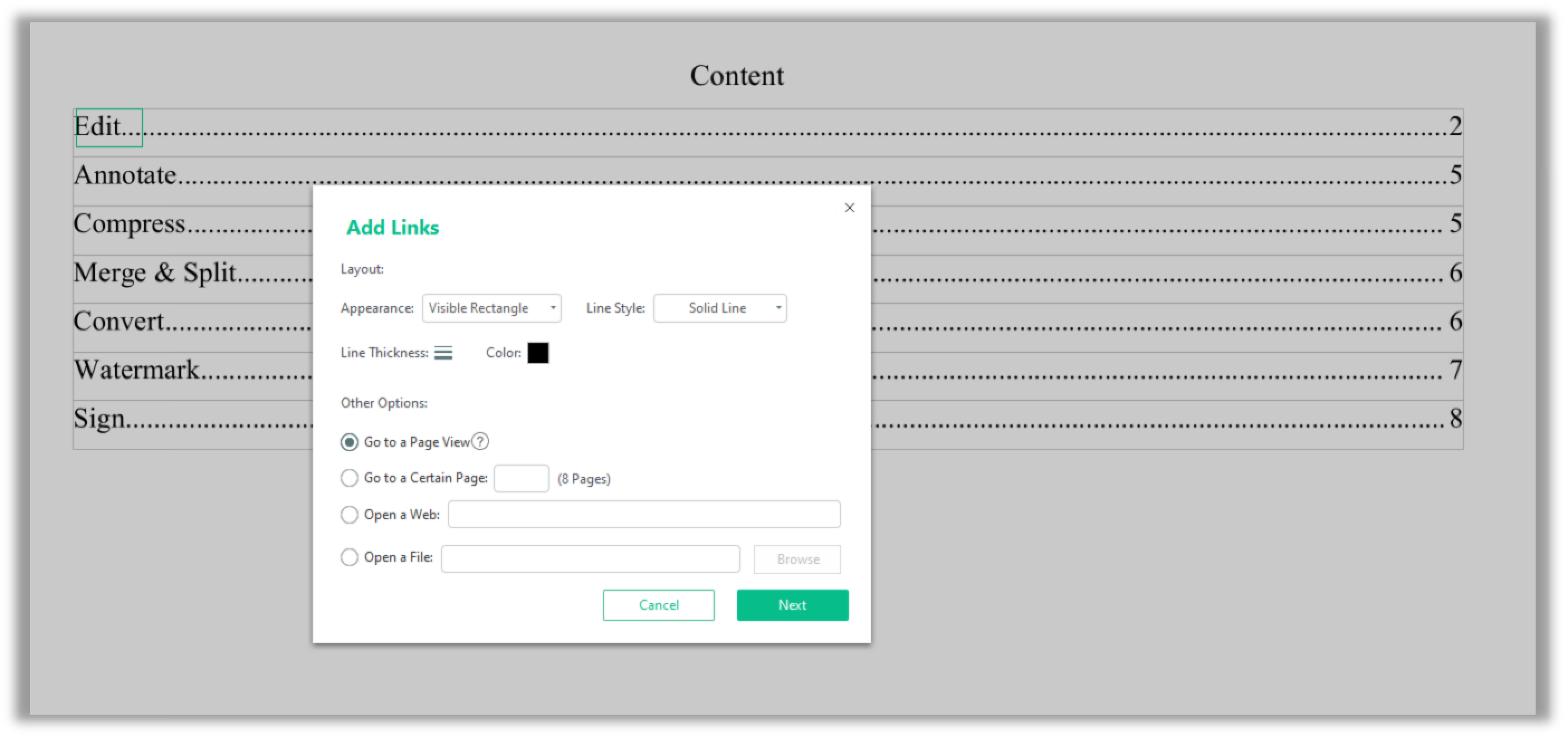 How to create a table of contents in a PDF by page view