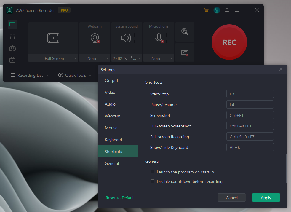 Customize Shortcuts in AWZ Screen Recorder