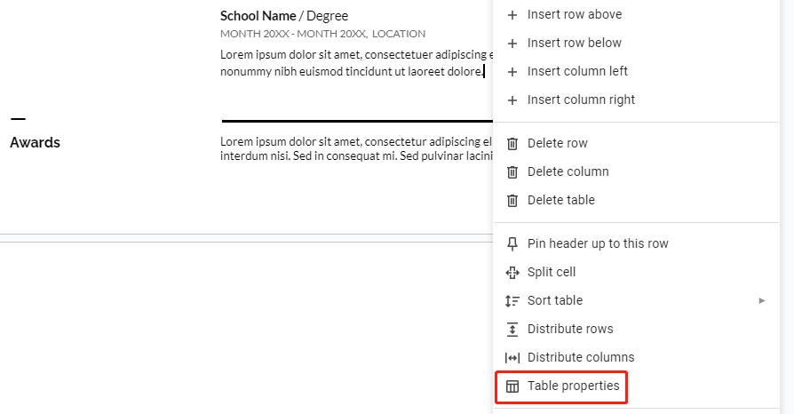 Delete page in Google Docs after hidden table step 1