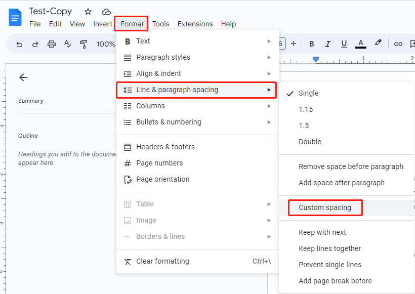 Delete page in Google Docs by changing spacing step 2