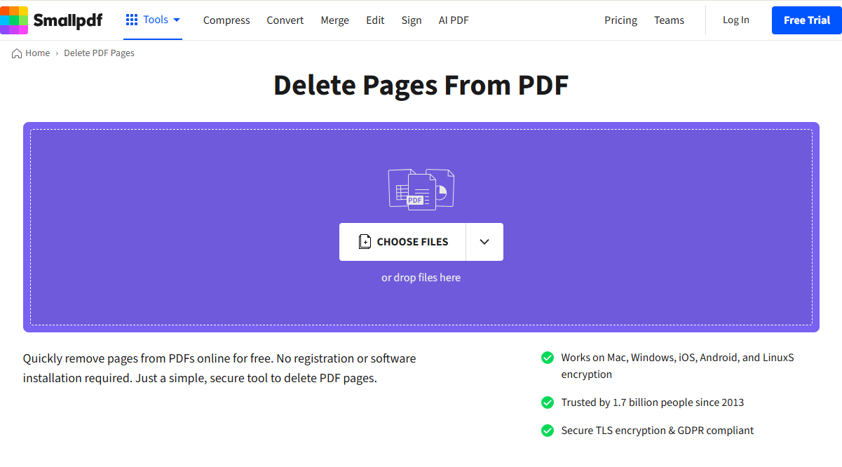 The Delete Pages From PFF interface of Smallpdf