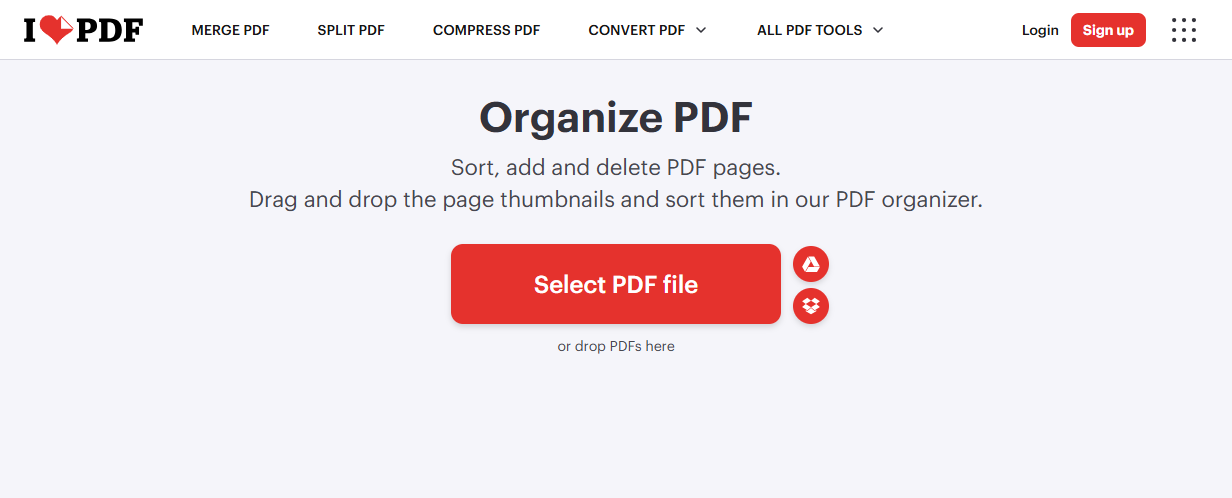 The Organize PDF page of iLovePDF
