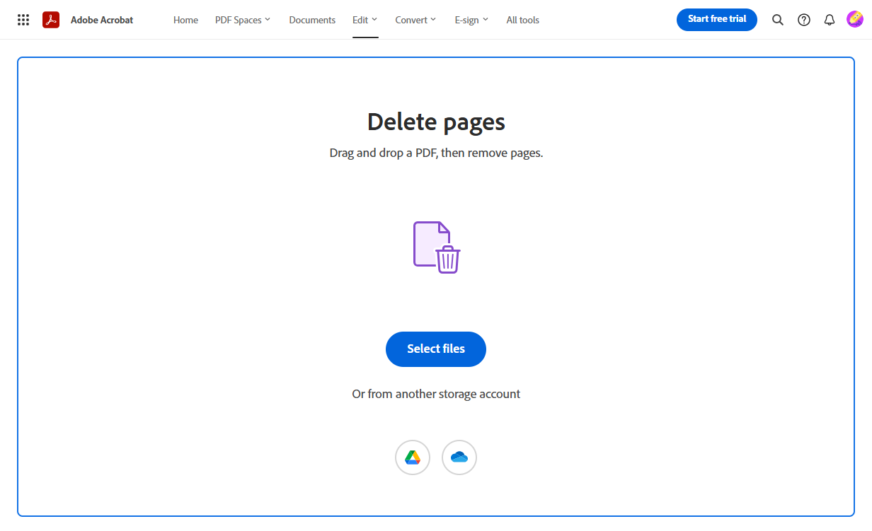 The Delete pages interface of Adobe Online PDF Editor