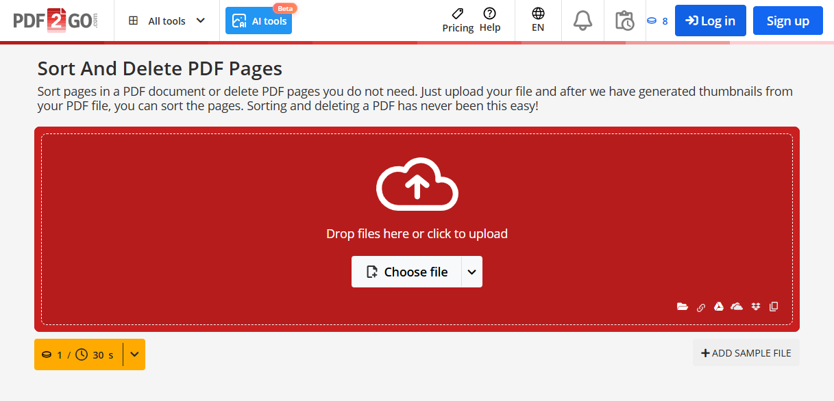 The Organize PDF tool page of PDF2Go