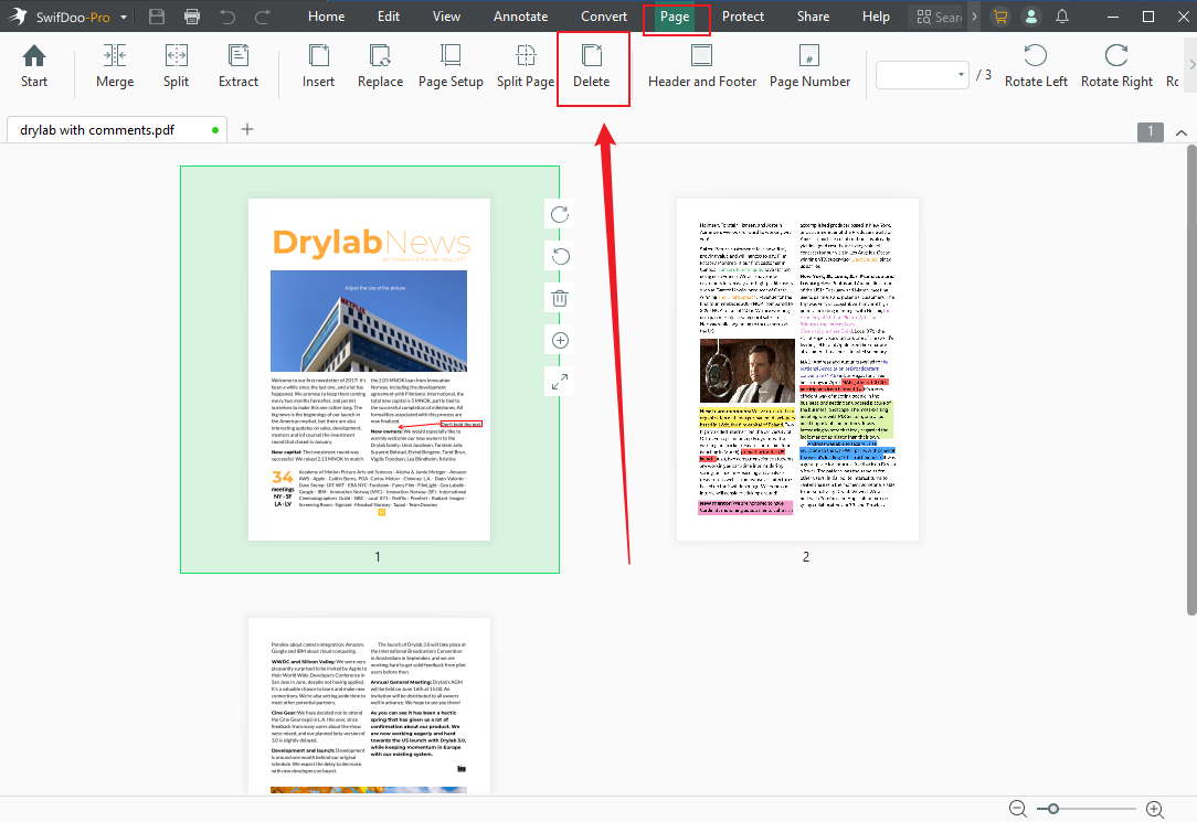 Click Page and select the Delete option in SwifDoo PDF