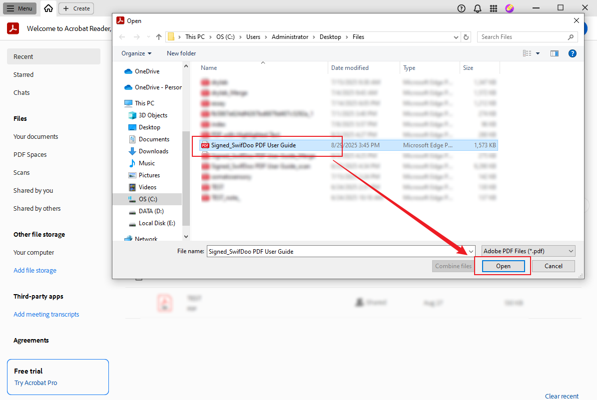 Import the PDF file with a digital signature into Adobe Acrobat Reader
