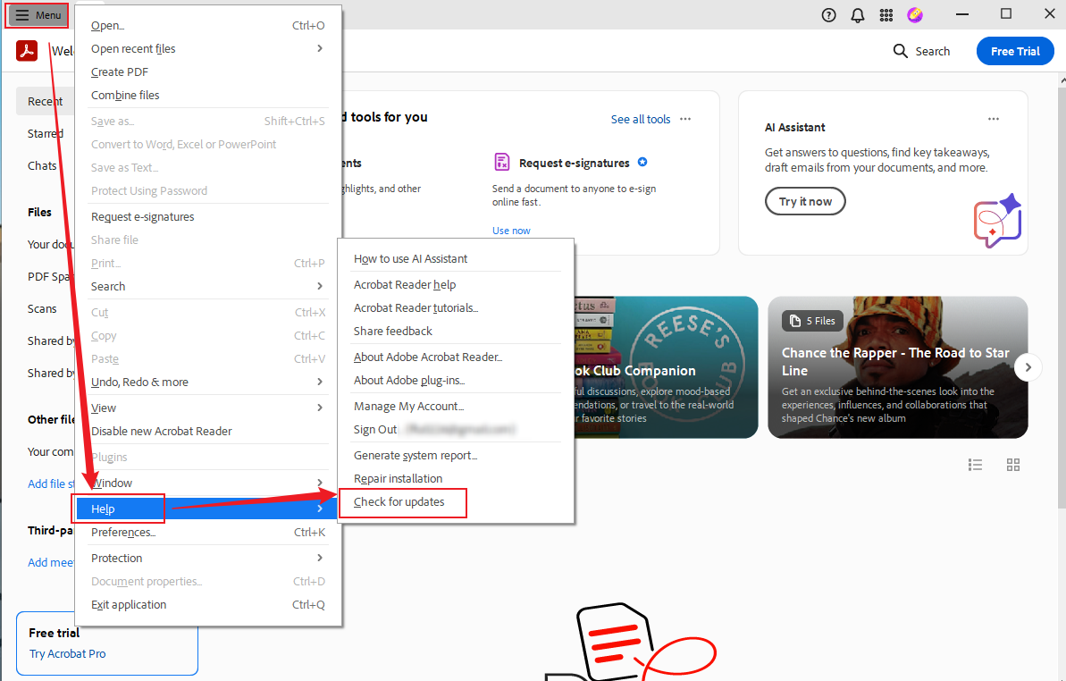 Go to Menu and choose the Check for updates option from the Help option in Adobe Acrobat