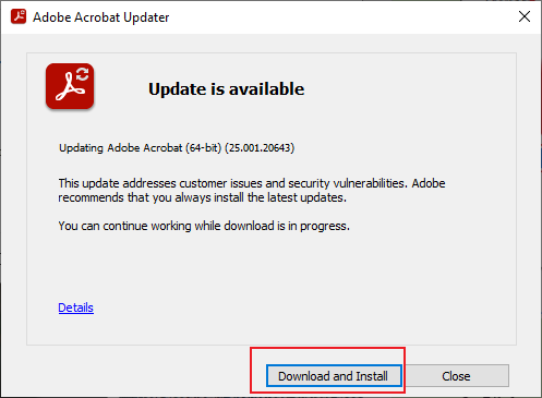 Click the Download and Install button to install the latest version of Adobe Acrobat