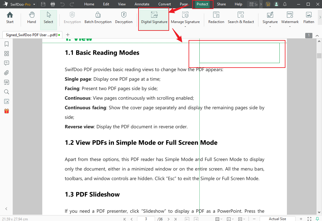 Go to Protect and click the Digital Signature option in SwifDoo PDF