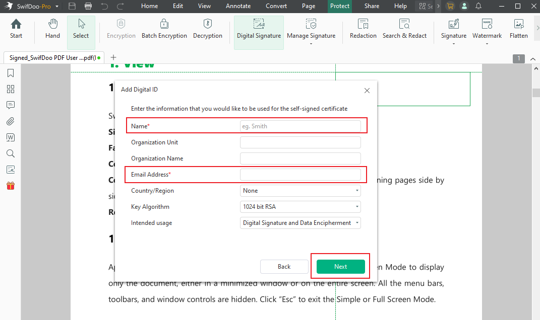 Complete the information for the digital signature in SwifDoo PDF