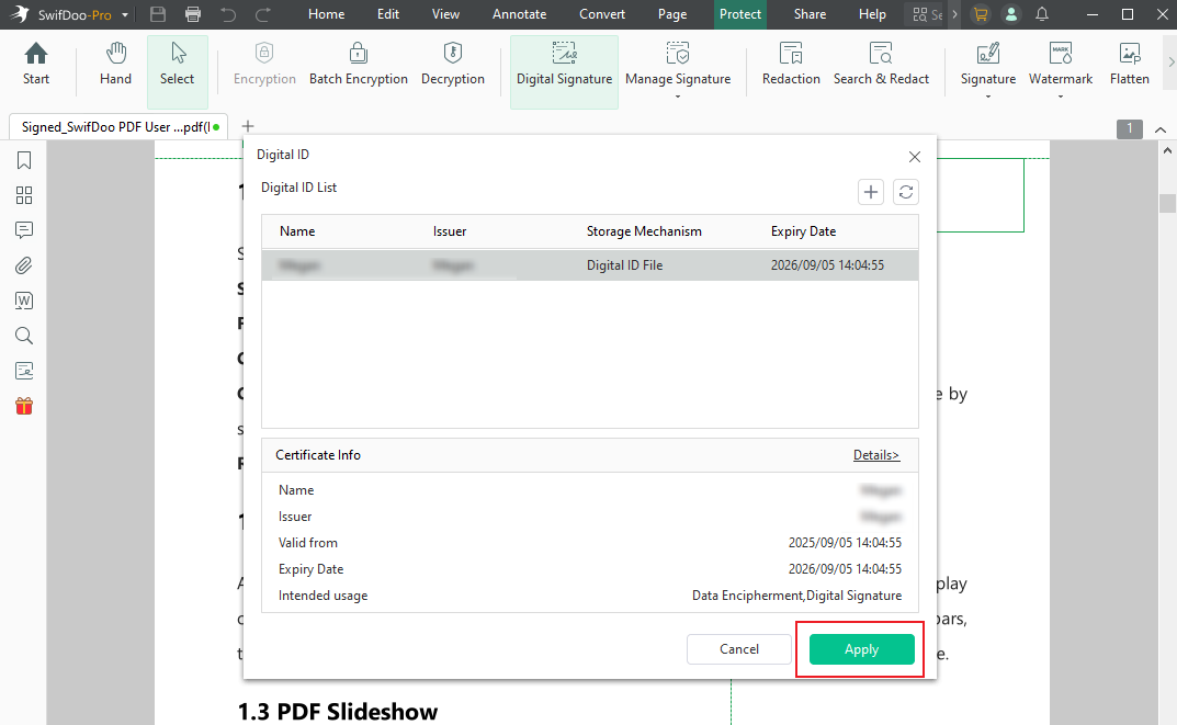Add a digital signature to the PDF in SwifDoo PDF