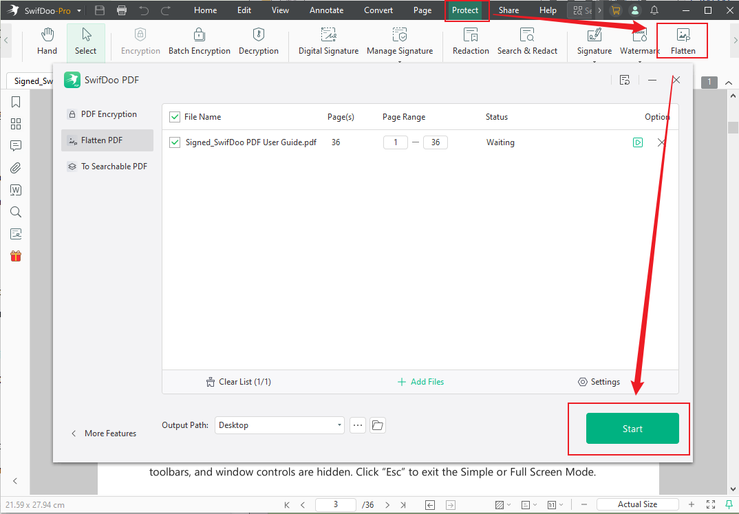 Go to Protect and choose the Flatten option in SwifDoo PDF