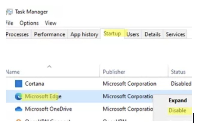 Disable Edge Opening When Startup in Task Manager