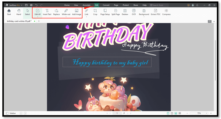 DIY birthday wishes card for a baby girl in SwifDoo PDF