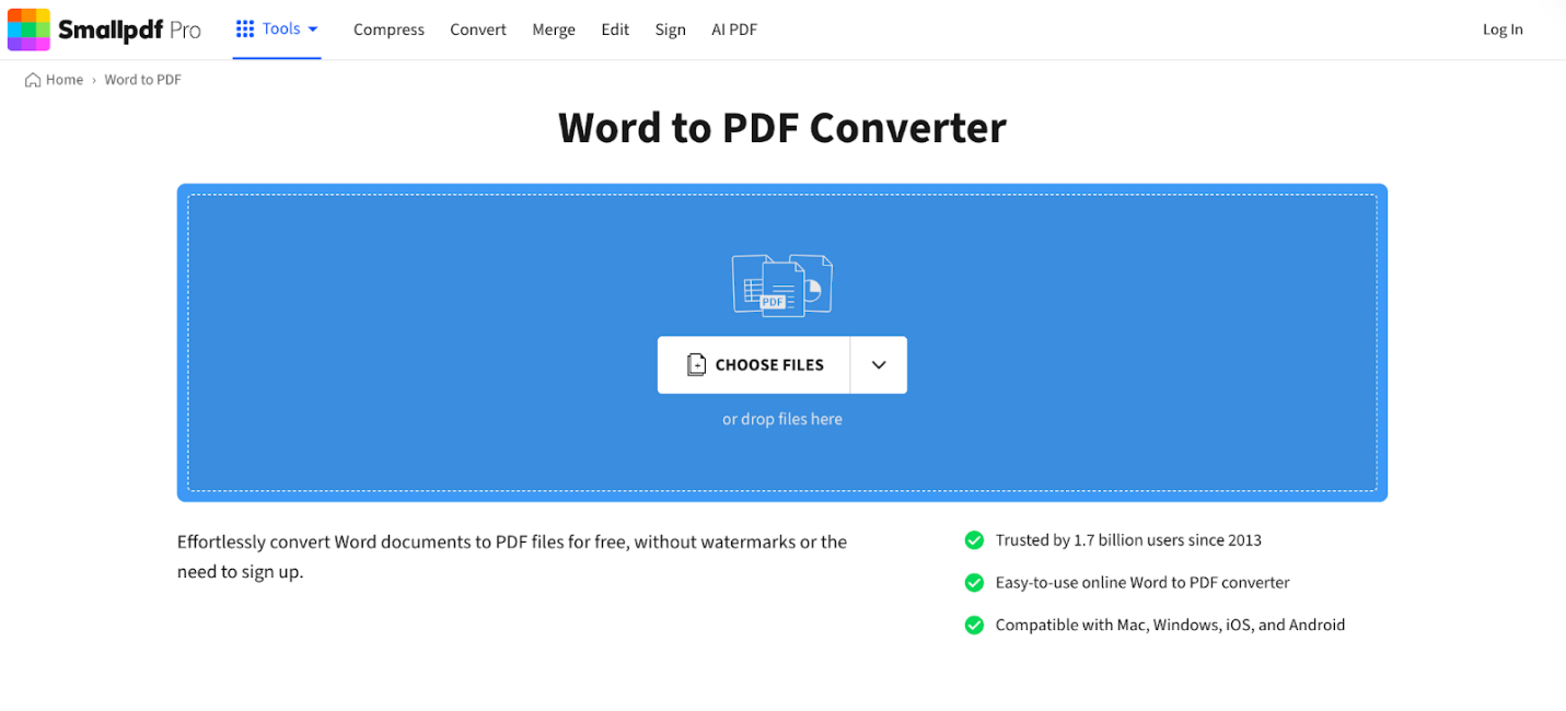 The Word to PDF Converter interface of Smallpdf