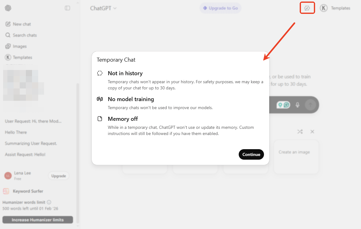 Turn on temporary chat
