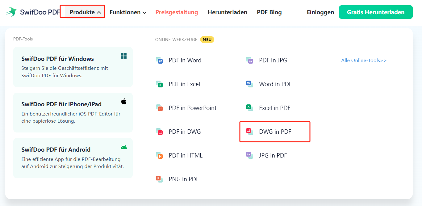 SwifDoo PDF: DWG in PDF umwandeln online