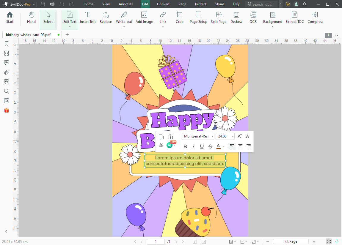 Edit Birthday Wishes in PDF Card