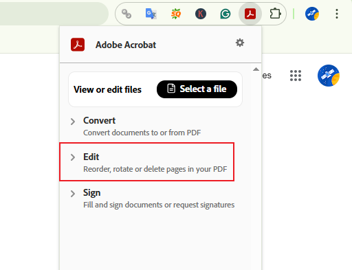 Click the Adobe Acrobat Chrome extension icon and click the Select a file button