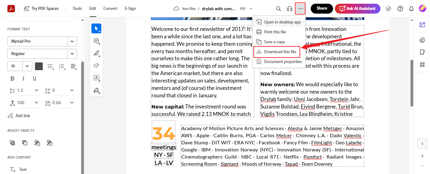Click the three-dot icon and click Download this file in the Adobe Acrobat Chrome extension