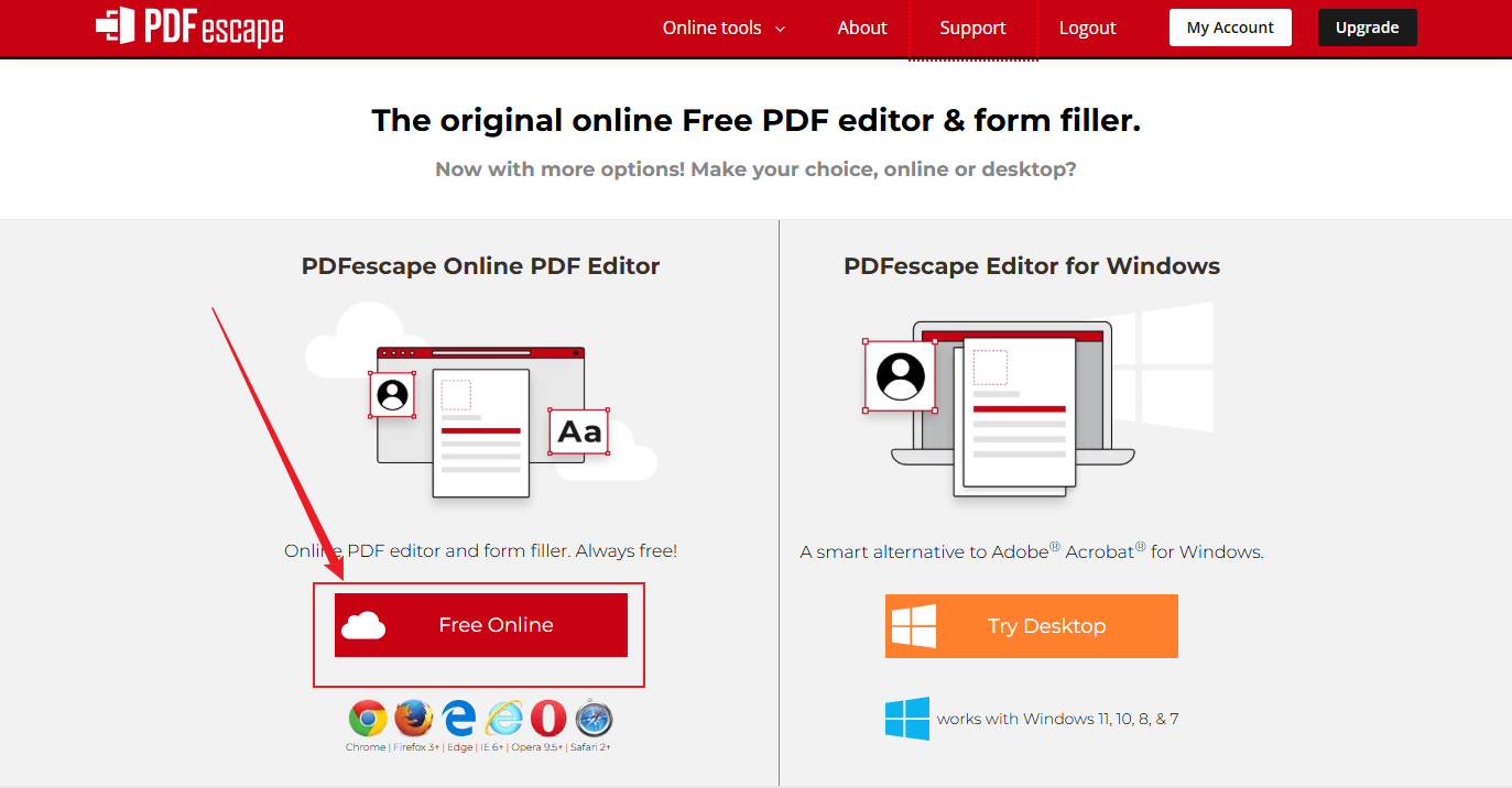 Click the Free Online option in PDFescape