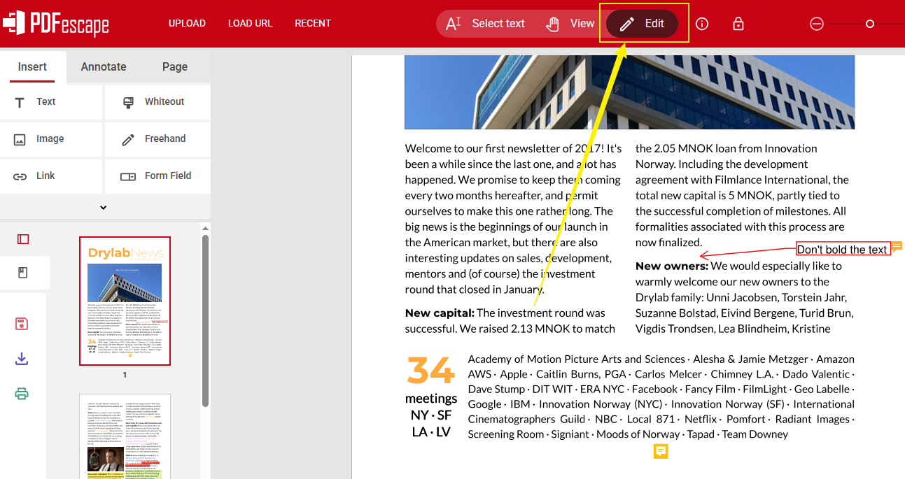 Switch to the Edit tab in PDFescape