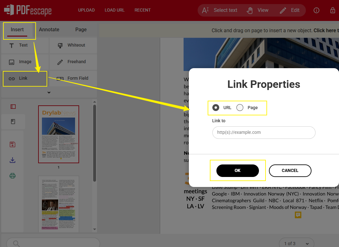 Insert a link into the PDF using PDFescape in Chrome