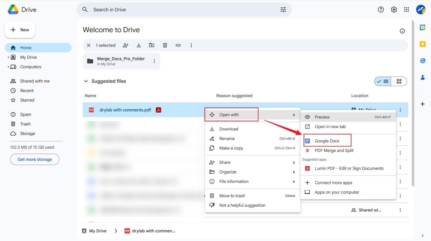 Right-click on the PDF in Google Drive and choose to open it with Google Docs